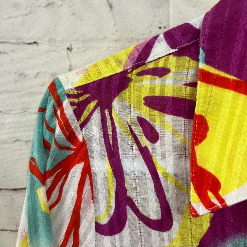 Sharon Young Top Womens Size Colorful Artsy Abstract Floral 3/4 Sleeve Button Up - Picture 6 of 11
